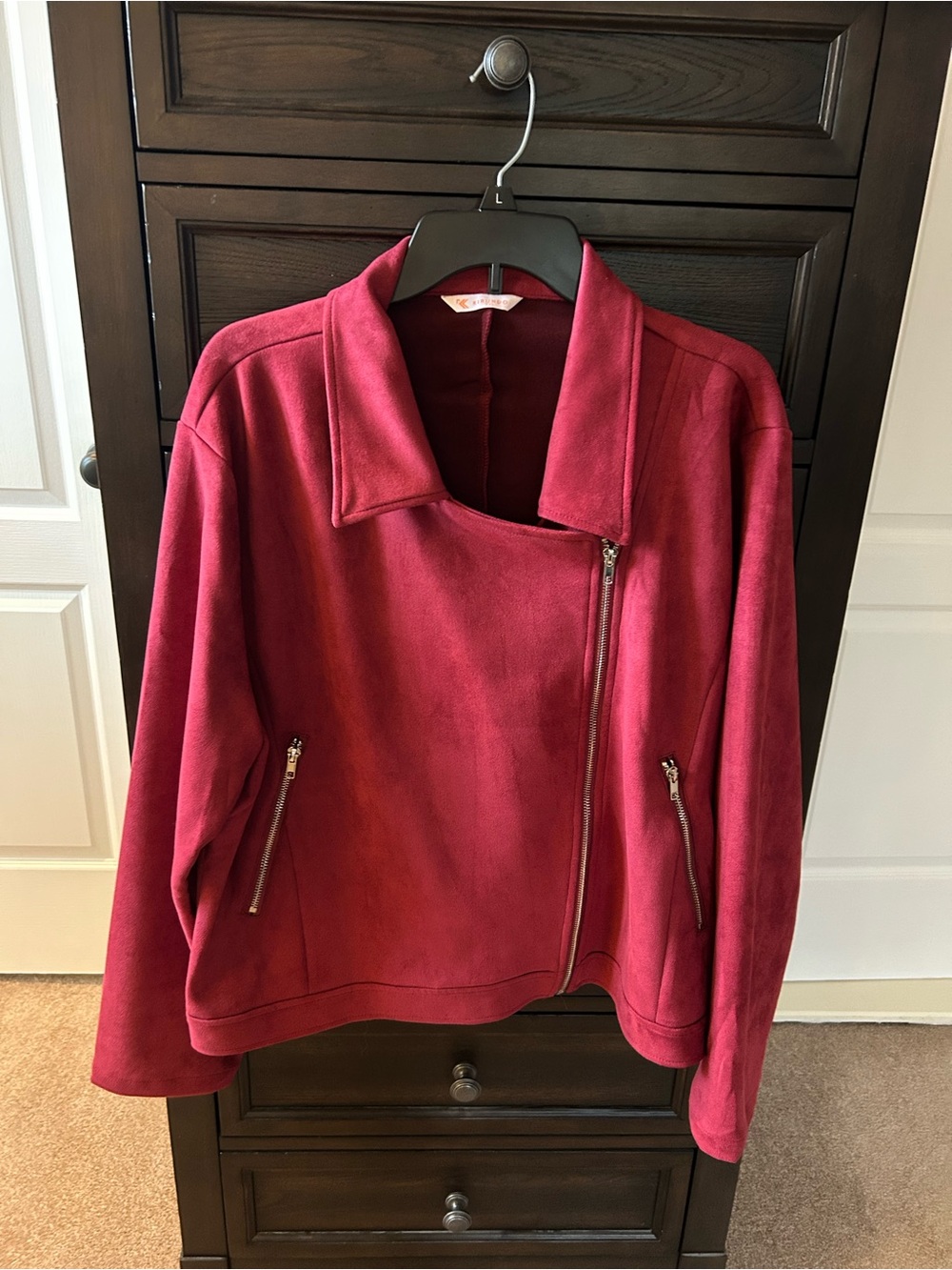 Women’s Red Faux Suede Moto Zip-Pocket Jacket XXL
